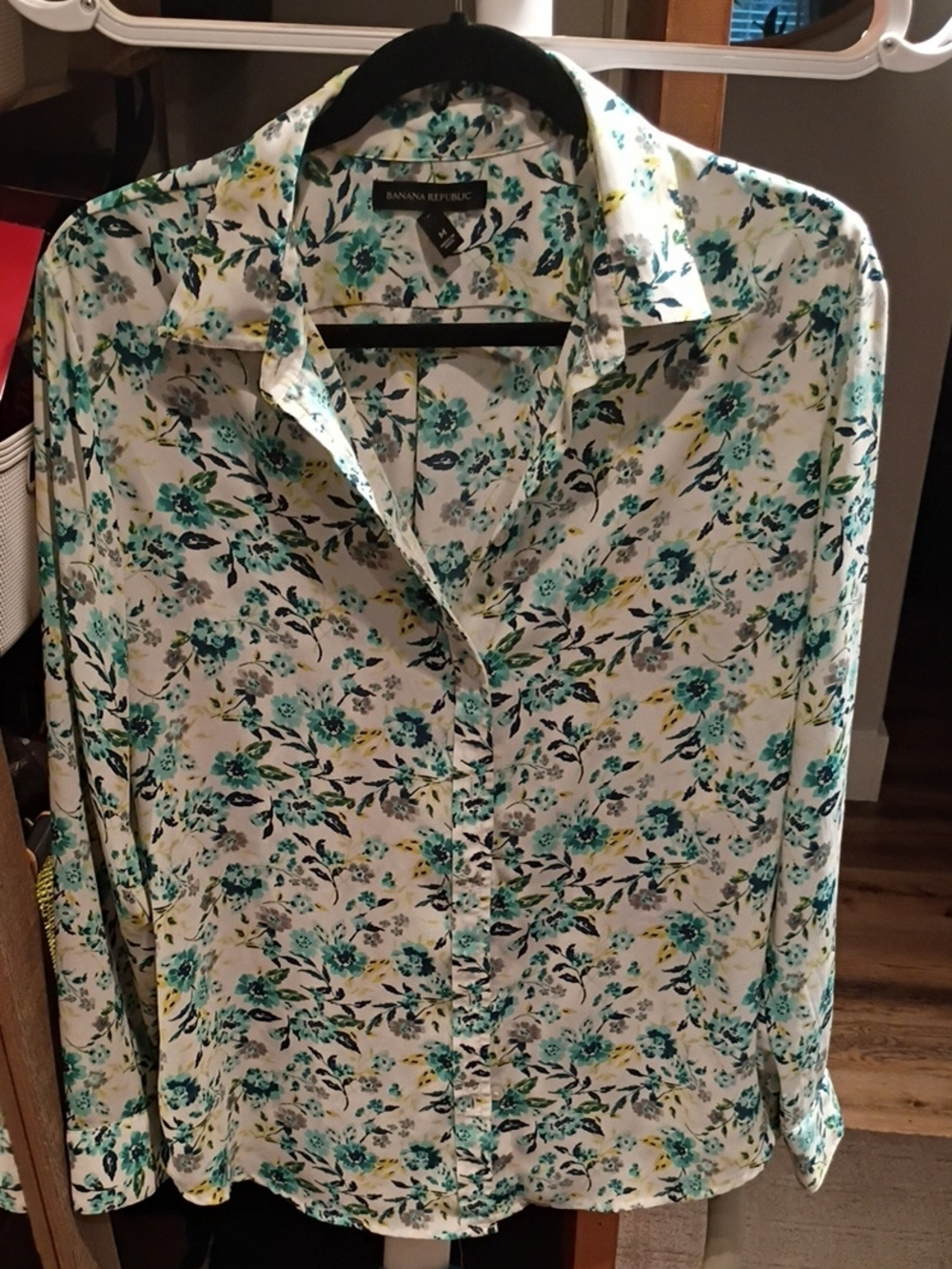 Banana Republic White Floral-Print Button-Down Shirt with Teal & Yellow Accents